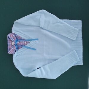 Blue Sweater with Plaid Neck and Tie